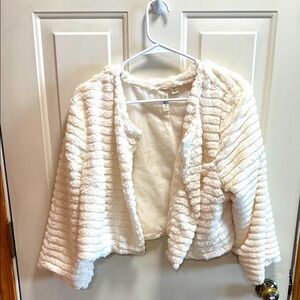 Tacera Faux Fur Cream Textured Open Front Cropped Teddy Jacket size XL